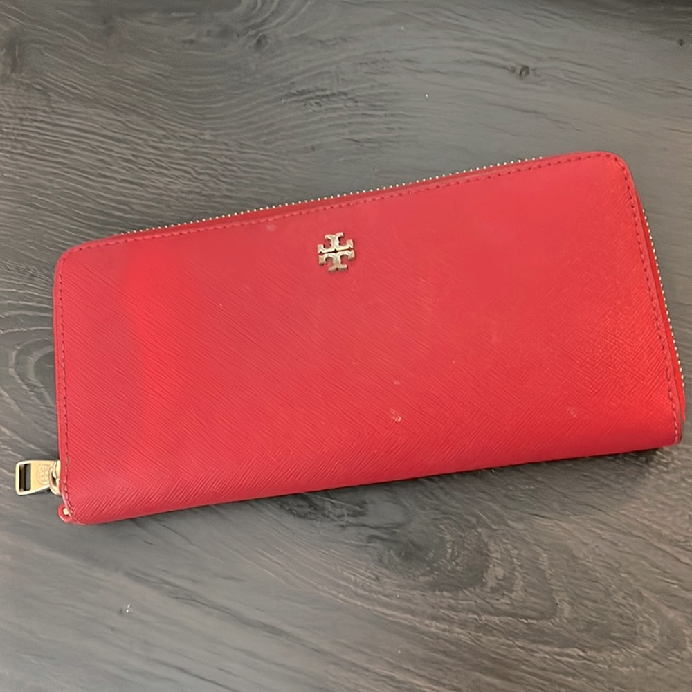 Tory Burch Red Leather Robinson Zip Around Wallet